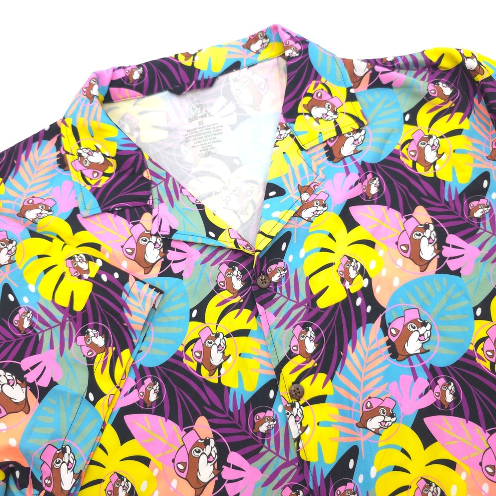 Buc-ee's Mens XL Tropical Floral Beaver Print Short Sleeve Button Down Shirt